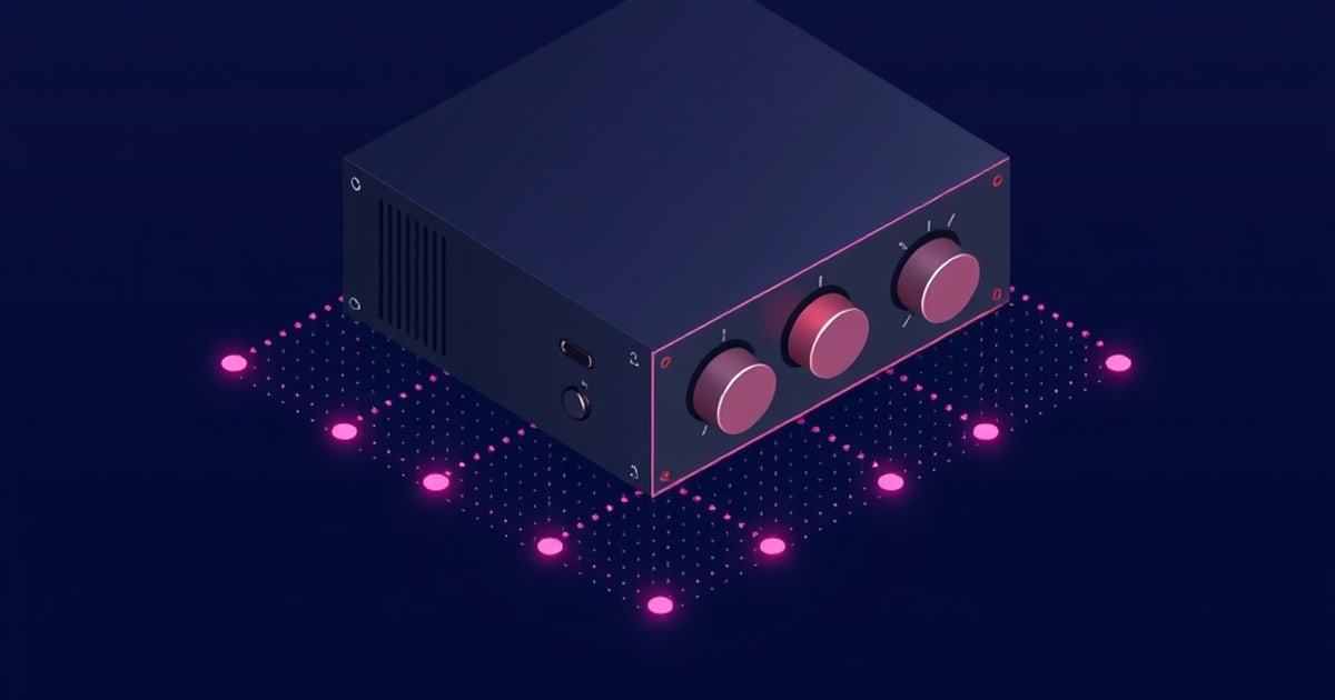 Isometric dark navy headphone amplifier box with three pink-red volume knobs and side ports, set on a glowing magenta dotted grid against a deep blue backdrop