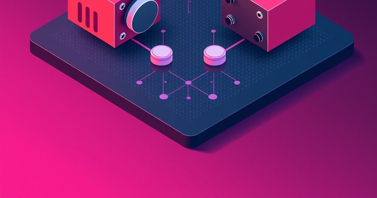 Two pink isometric amplifier boxes with volume knobs and headphone jacks sit atop a dark platform, connected by pink circuit-like lines to paired output nodes.