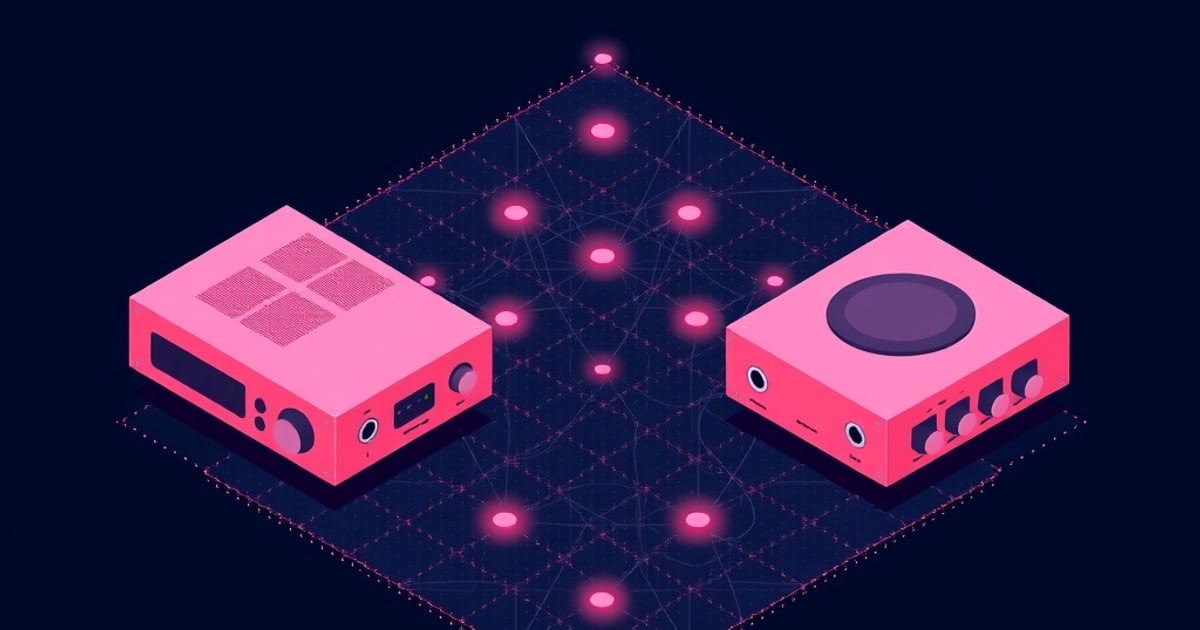 Flat isometric illustration of two pink audio units facing each other on a dark grid of glowing pink nodes, one with a display strip, one with a round dial.