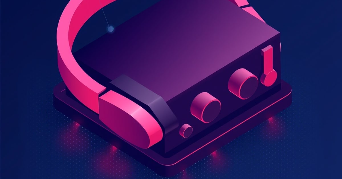 Flat isometric close-up of a dark desktop amplifier with three pink volume knobs and a small lever, with a large pink headphone band resting against it.