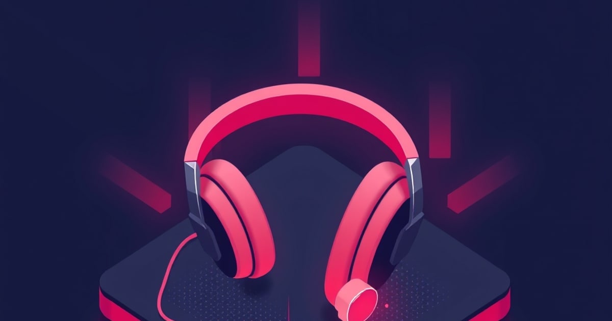 Flat isometric illustration of large pink over-ear headphones on a dark slab, with pink radiating bars behind them and a stray earcup at lower right.