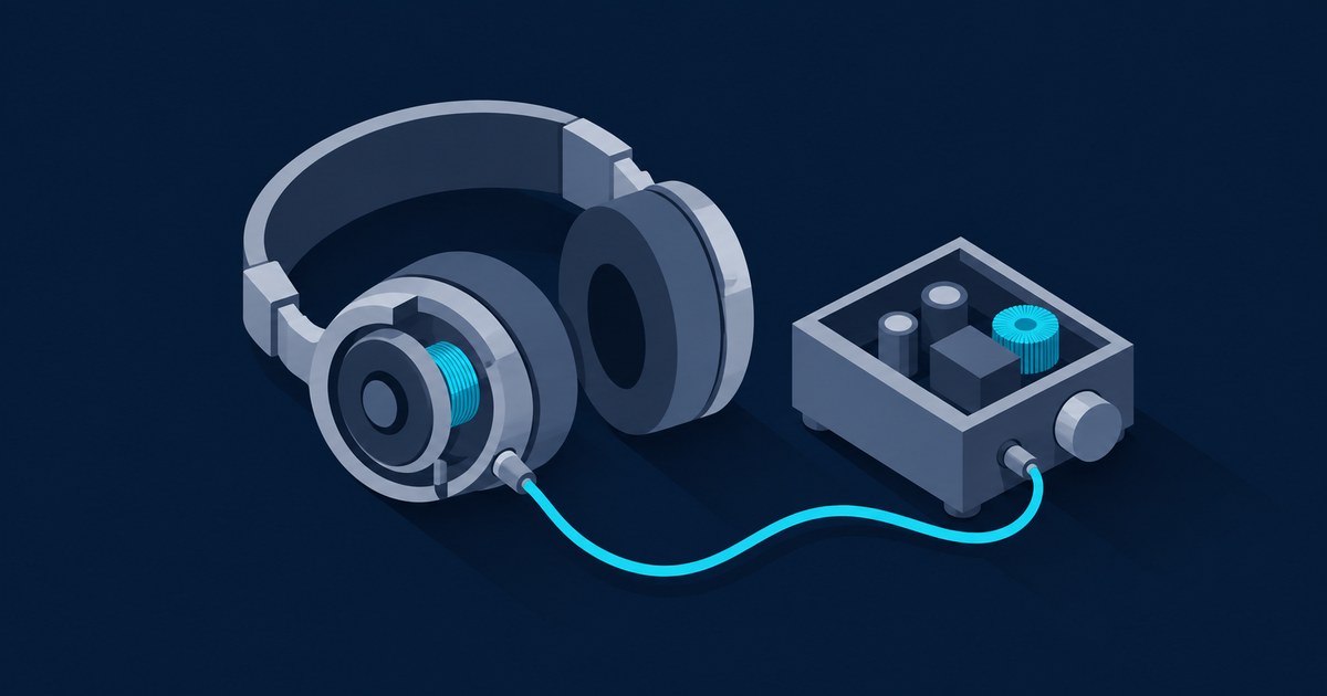 Isometric flat-style over-ear headphones with an exposed blue driver coil, linked by a cyan cable to an open headphone amplifier with capacitors and a volume knob