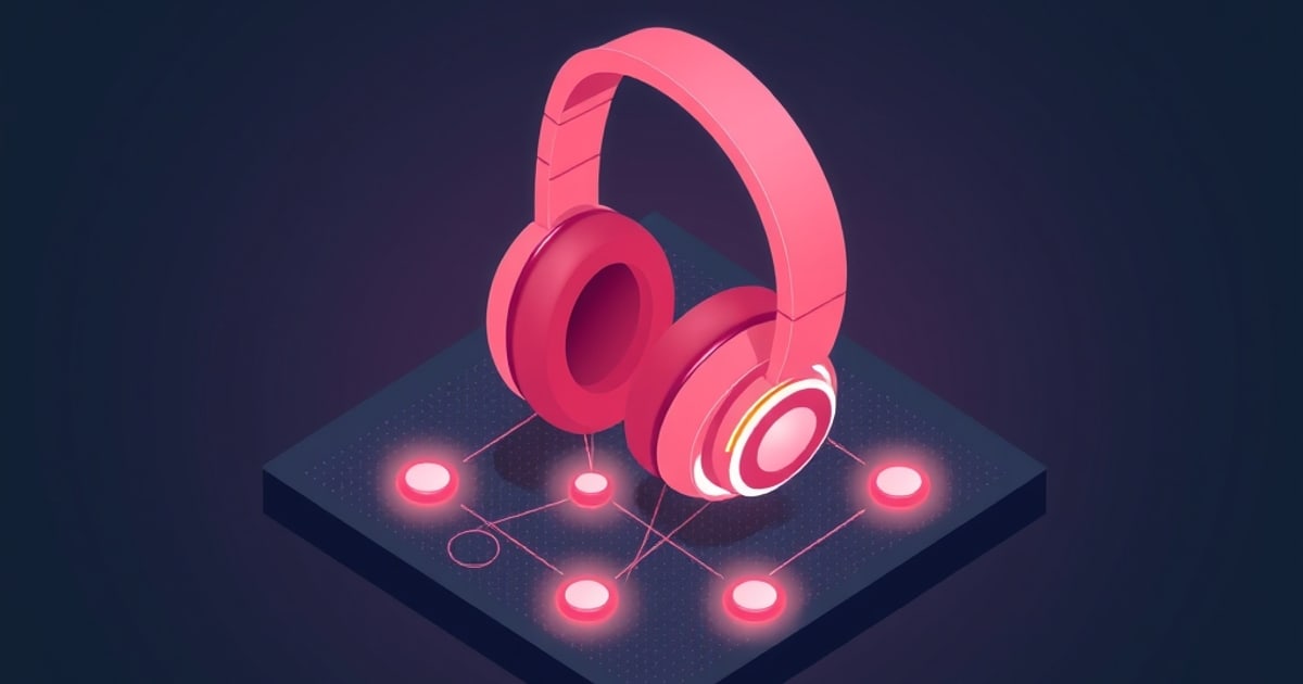 Flat isometric illustration of large pink over-ear headphones standing on a dark platform above a small network of glowing pink nodes joined by thin lines.