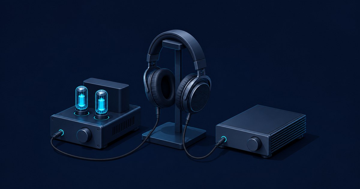 Dark blue 3D rendering of headphones on a stand between a glowing tube amplifier and a finned solid-state amplifier.