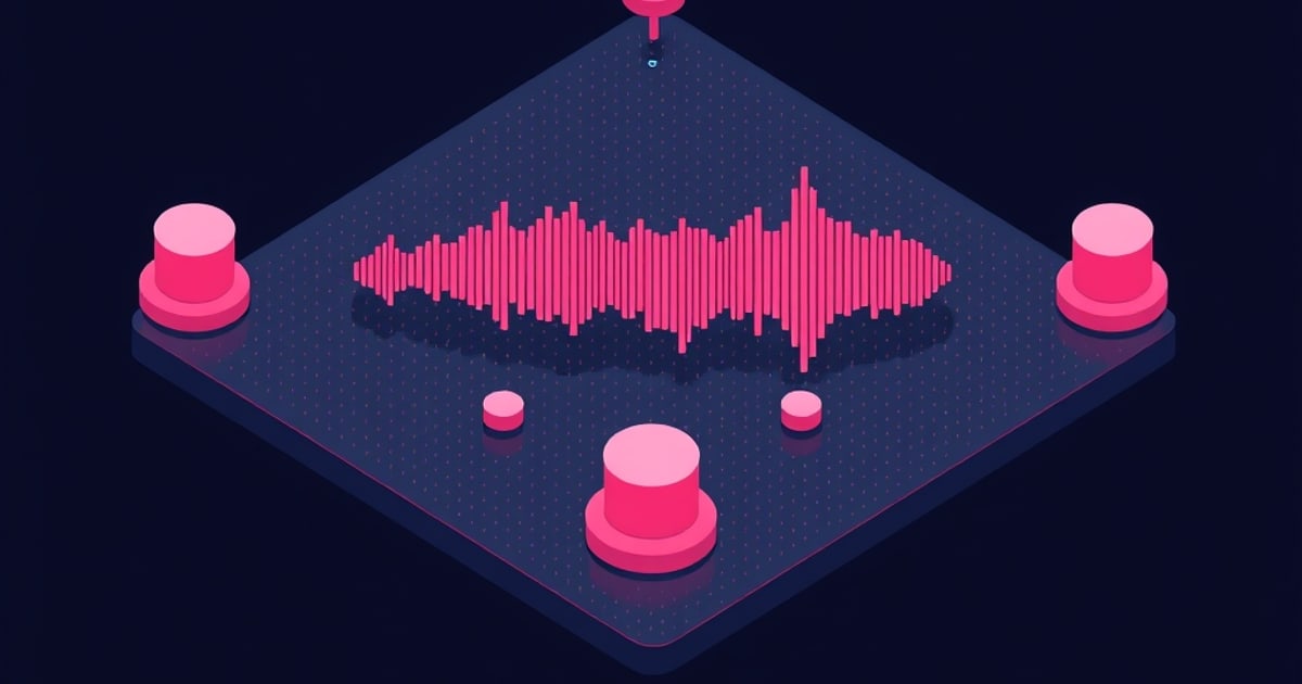 A pink isometric waveform of varying bar heights rises from a dark dotted platform surrounded by cylindrical knob-like posts, evoking a DAC converting a digital signal into analog voltage.